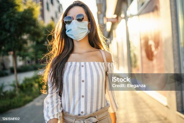Portrait Of Young Woman On The Street Wearing Face Protective Mask To Prevent Coronavirus And Antismog Stock Photo - Download Image Now