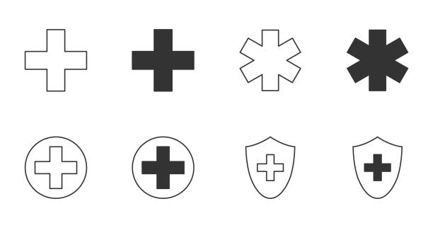 Icons medical cross, emergence, protection. Editable stroke. Hospital pharmacy ambulance pictogram symbols Icons medical cross, emergence, protection. Editable stroke. Hospital pharmacy ambulance pictogram symbols. cross-shape stock illustrations