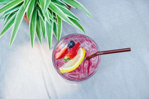 top view of  mix fruit italian soda drink, soft drink, mocktail - drink on top of ice food imagens e fotografias de stock