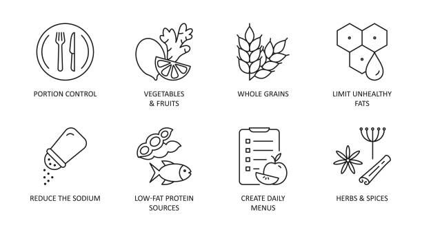 illustrazioni stock, clip art, cartoni animati e icone di tendenza di icone dietetiche salutari per il cuore. tratto modificabile. le porzioni controllano verdure e frutta, erbe e spezie cereali integrali. limitare i grassi malsani fonti proteiche a basso contenuto di grassi, ridurre il sodio creare menu giornalieri - porzione di cibo