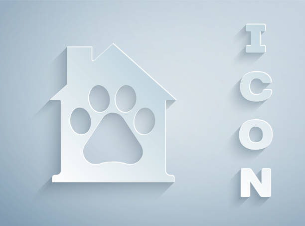 istock Paper cut Pet house icon isolated on grey background. Paper art style. Vector 1261561143