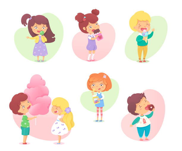 stockillustraties, clipart, cartoons en iconen met leuke gelukkige kleine kinderen genieten van het eten van snoep set - jongen peuter eten