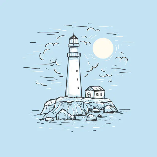 Vector illustration of Marine romantic blue background. Hand drawn vector sketch with lighthouse, house, sea and sky.