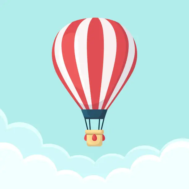 Vector illustration of Hot air balloon in the sky with clouds. Flat cartoon design. Vector illustration