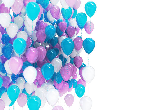 Blue foil balloons isolated on white background. 3d render elements for birthday party, presentation. Sphere, lips, heart and star shape