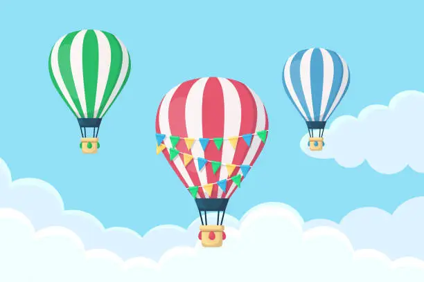 Vector illustration of Hot air balloon in the sky with clouds. Flat cartoon design. Vector illustration