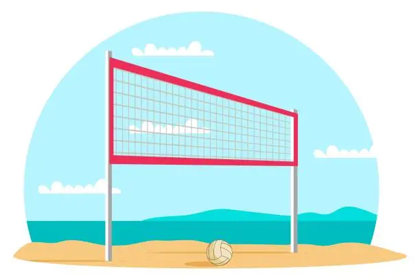 Vector illustration of Beach volleyball scene. Net and ball, place for playing