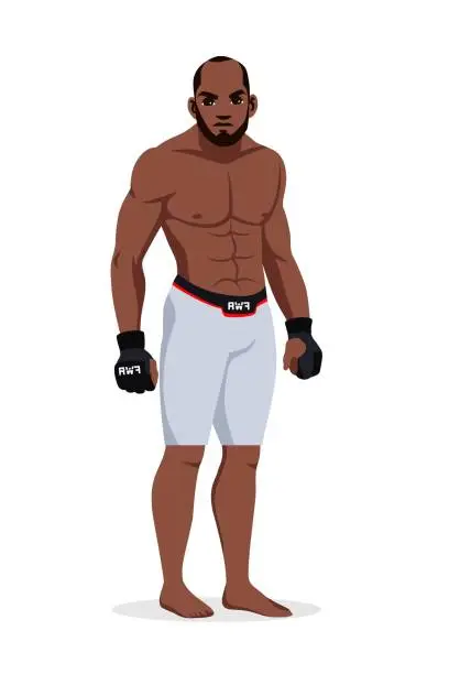 Vector illustration of Vector mixed martial arts man wrestler wearing sportswear standing isolated on white background. Afro-american sportsman. Boxing champion fighter character.