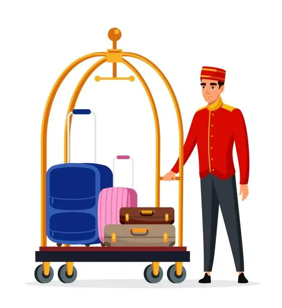 Vector illustration of Bellboy with hotel luggage trolley person isolated