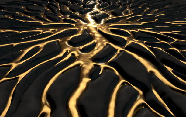 Molten Gold And Rock An abstract concept showing molten gold metal flowing through crevices of a dark rock in the shape of an interconnected network - 3D render molten stock pictures, royalty-free photos & images