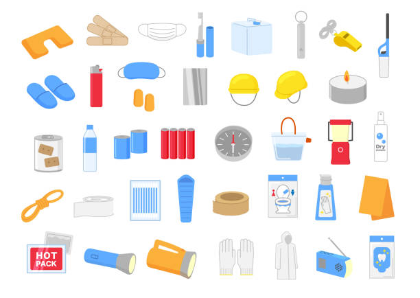 Disaster prevention goods set illustration Illustrations that can be used in various fields battery illustrations stock illustrations