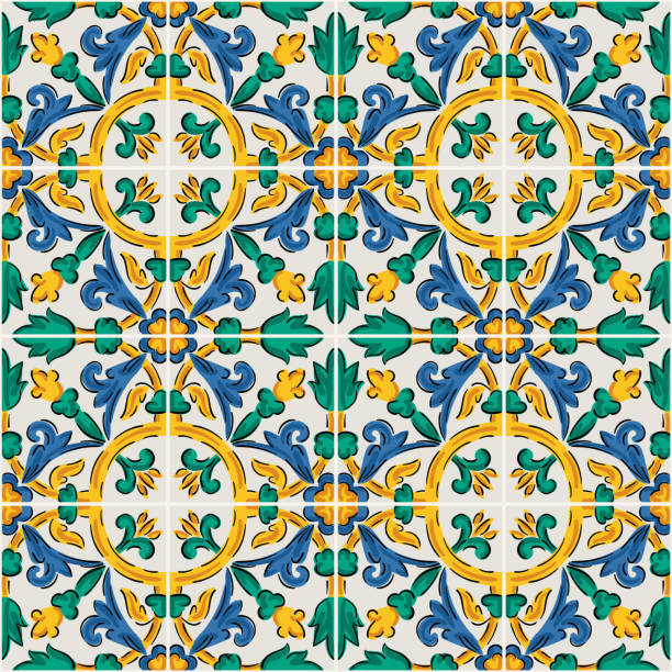 Endless pattern with geometric motif, vector decor Decorative seamless pattern with sicilian ornament. Colorful ceramic tiles in floral traditional style of Palermo. Vector endless texture for digital paper, fabric, backdrop or wrapping byzantine pattern stock illustrations