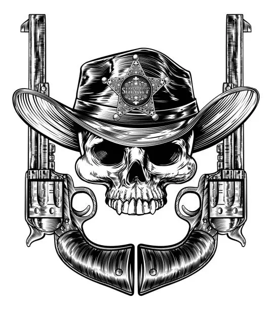 Vector illustration of Skull in Cowboy Hat with Sheriff Star and Pistols