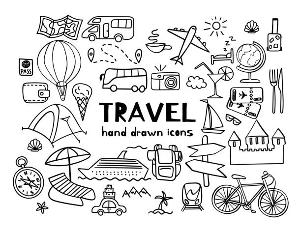 Hand drawn travel icons Hand drawn travel icons. Summer vacation doodles isolated on white background. Vector illustration. travel drawings stock illustrations