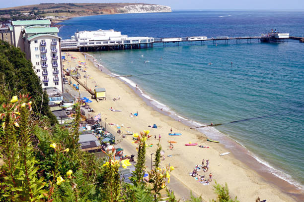 sandown pier und strand, isle of wight, uk. - stand up paddling stock-fotos und bilder