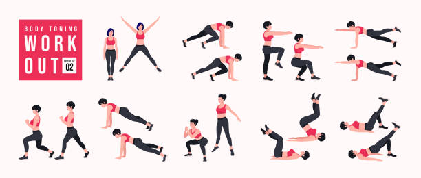 ilustrações de stock, clip art, desenhos animados e ícones de body toning workout set. women doing fitness and yoga exercises. - athlete muscular build yoga female