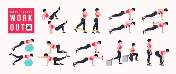 ilustrações, clipart, desenhos animados e ícones de conjunto de exercícios de tonificação corporal. mulheres fazendo exercícios de fitness e yoga. - crouching exercising women barbell