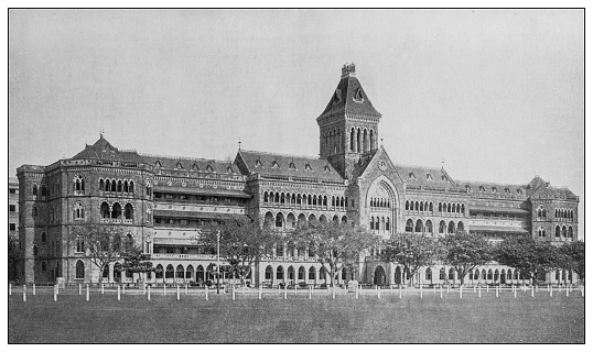 Antique black and white photo: Secretariat and courts, Bombay, India