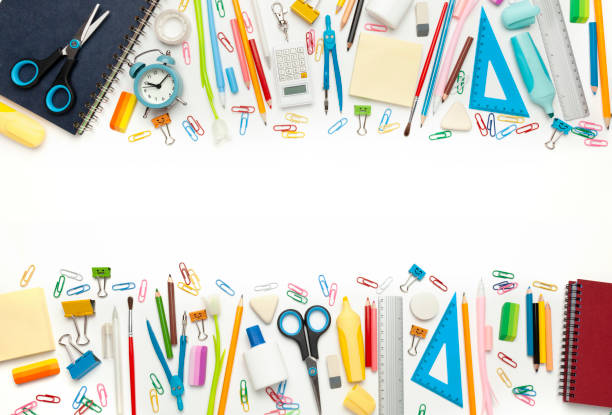 istock School stationery isolated on white background. Banner for sale 1261640232