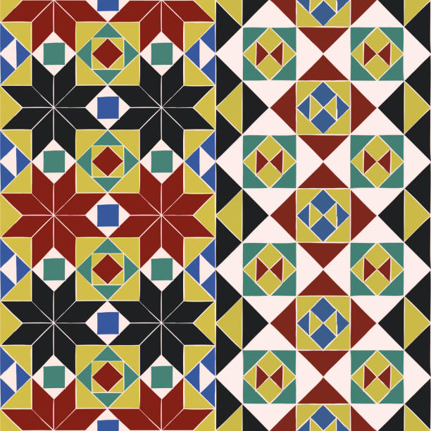 Endless pattern with geometric motif, vector decor Set of 2 seamless borders with geometric ornament. Colorful rhombus and square shapes in bysantine style. Vector endless texture for digital paper, fabric, backdrop or wrapping byzantine pattern stock illustrations