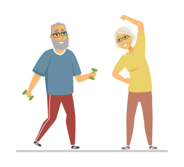 Senior people exercising - flat design style illustration Senior people exercising - flat design style illustration with cartoon characters. Cheerful retired man and woman doing fitness. Elderly person with dumbbells. Sports and active lifestyle concept cartoon of the older people exercising gym stock illustrations