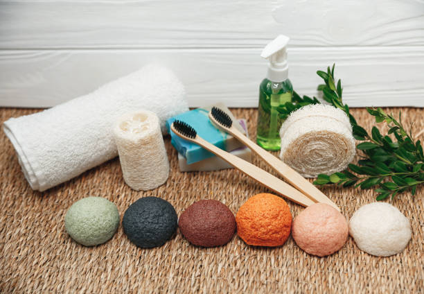 istock Handmade natural organic soap, toothbrushes, sponge and white towel 1261649681