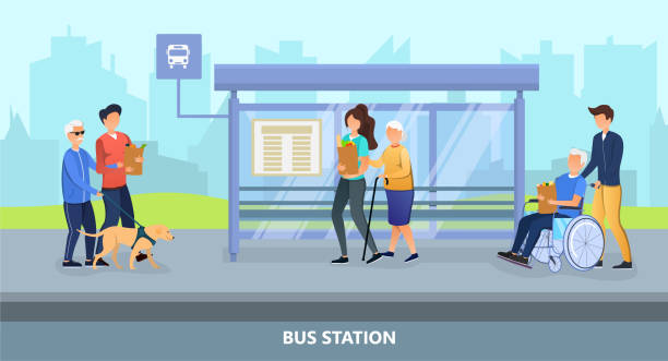 Young people helping erderly at the bus station Young people helping erderly at the bus stop. Blind man with guide dog, old woman with a cane, elderly man in a wheelchair. Social helping concept. Vector illustration. help blind people stock illustrations