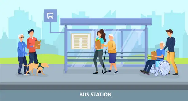Vector illustration of Young people helping erderly at the bus station