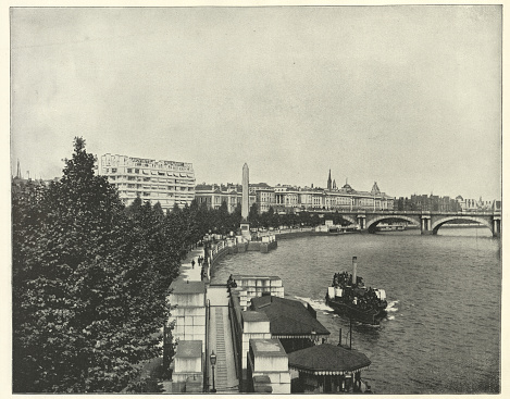 Antique photograph of the Thames embankment and obelisk, London, 19th Century