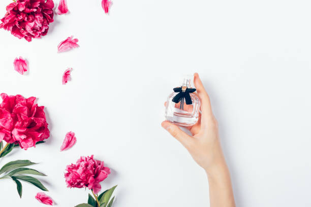 istock Floral flat lay composition female hand holding perfume bottle 1261656481