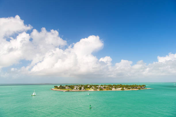 touristenyachten schwimmen in der nähe der grünen insel in key west, florida - yacht florida yachting nautical vessel stock-fotos und bilder