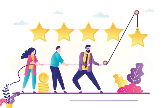 People use rope and raise star. Review banner concept, testimonials. Teamwork, people vote or rate. Clients feedback. Business quality People use rope and raise star. Review banner concept, testimonials. Teamwork, people vote or rate. Clients feedback. Business quality, five stars rating. Trendy flat vector illustration adulation stock illustrations