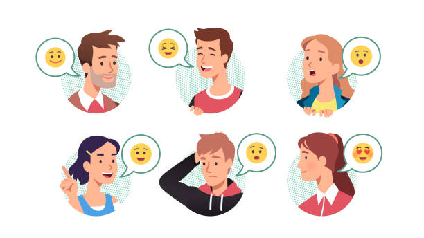 Men & women talking expressing emotions. Happy, surprised, questioning, confused people laughing, showing gestures, scratching head. Facial expressions communication set. Flat vector face illustration Men & women talking expressing emotions. Happy, surprised, questioning, confused people laughing, showing gestures, scratching head. Facial expressions communication set. Flat style vector face isolated illustration confusion raised eyebrows human face men stock illustrations