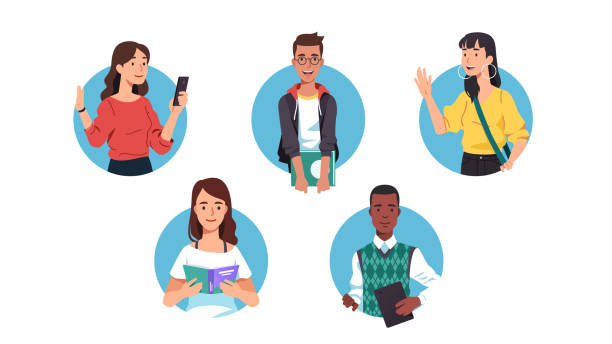 ilustrações de stock, clip art, desenhos animados e ícones de young men & women college students using gadgets & holding books set. people standing, waving hand, browsing on cell phone, reading textbook. youth & education. flat vector character illustration - woman with glasses reading a book