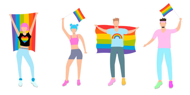 ilustraciones, imágenes clip art, dibujos animados e iconos de stock de desfile del orgullo. mujeres y hombres que participan en el desfile de orgullo. personas en la calle manifestación por los derechos lgbt. activistas gays, lesbianas, bisexuales, transgénero. ilustración vectorial en estilo plano. - rainbow gay pride homosexual homosexual couple