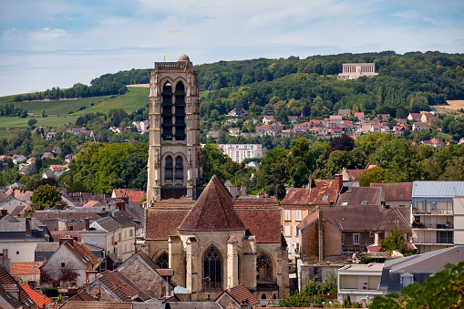 les moutiers, France – July 23, 2022: A vertical shot of a church in the town center in Les Moutiers, France