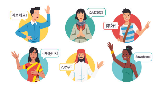 ilustraciones, imágenes clip art, dibujos animados e iconos de stock de hombres y mujeres jóvenes multiétnicos saludando en diferentes idiomas. diversas personas con ropa nacional que muestran gestos de saludo y manos agitadas. conjunto de amistad internacional. ilustración vectorial plana - añjali mudrā saludo