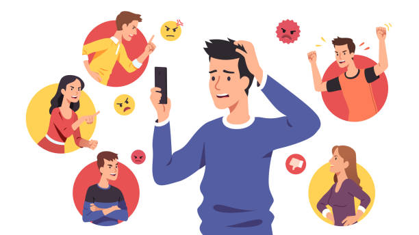 ilustrações de stock, clip art, desenhos animados e ícones de angry people men, women bullies send aggressive messages & bully sad disturbed guy. harassing victim read messages on cell phone suffering from cyber bullying. harassment problem vector illustration - furious