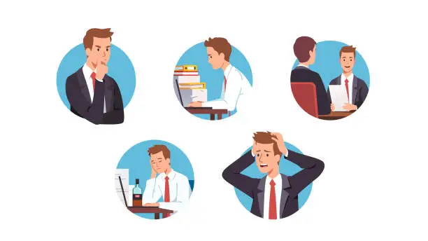 Vector illustration of Business men workers succeeding or having problems at work in office set. People thinking, working on laptop computer, getting job, procrastinating & having stress. Career. Flat vector illustration