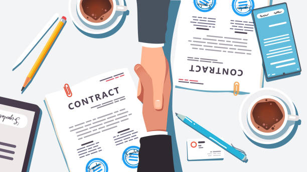 Business people shaking hands over paper and digital signed & stamped contract closing deal. Closeup top view of handshake partnership agreement, desk, phone, tablet, coffee. Flat vector illustration Business people shaking hands over paper and digital signed & stamped contract closing deal. Closeup top view of handshake partnership agreement, desk, phone, tablet, coffee. Flat style vector isolated illustration agreement illustrations stock illustrations