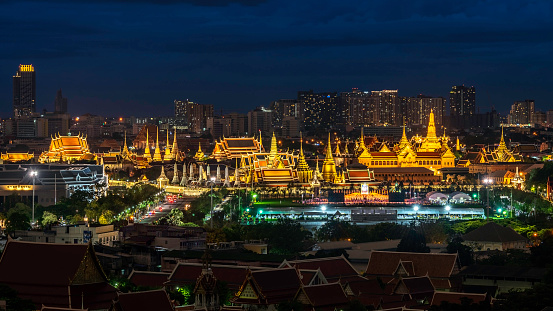 Chakri Maha Prasat throne hall at the Grand Palace complex in Bangkok in Thailand during the day.