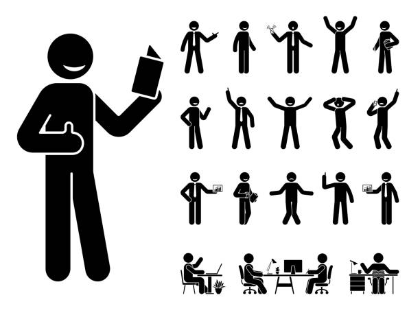 Stick figure man different poses, emotions face design vector icon set. Reading, talking, happy, sad, surprised, amazed, angry, standing, sitting at office stickman person on white Stick figure man different poses, emotions face design vector icon set. Reading, talking, happy, sad, surprised, amazed, angry, standing, sitting at office stickman person on white desk symbols stock illustrations