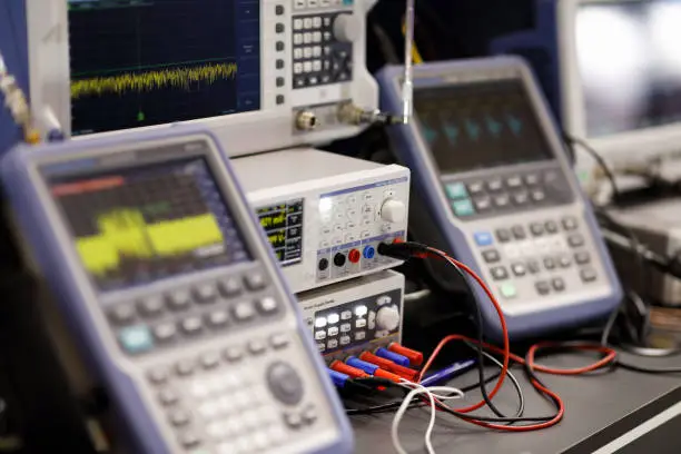Modern radio laboratory with electronic digital equipment. Selective focus.