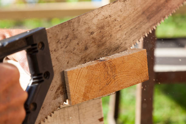 istock A metal hand saw with a black plastic handle with sharp teeth in the hands of a carpenter when sawing wooden beams with small chips flying to the sides. on a summer day. Construction on a cottage. 1261678174
