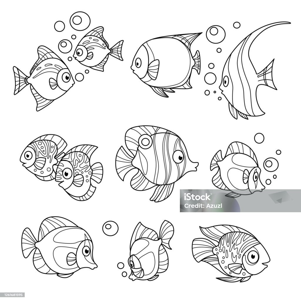 Ilustración de Peces Marinos De Dibujos Animados Esbozados Para Colorear La  Página Sobre Un Fondo Blanco y más Vectores Libres de Derechos de Pez -  iStock