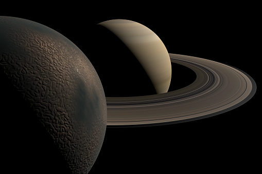A photorealistic 3d illustration of Saturn, moon and rings.