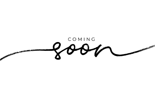 Coming soon ink brush vector lettering. Promotion or announcement banner. Modern vector calligraphy. Black paint lettering isolated on white background. Design text element, web banner, print.