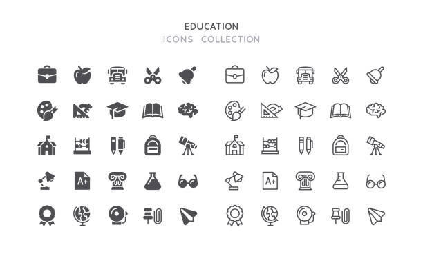 flat & outline education icons - schulranzen stock-grafiken, -clipart, -cartoons und -symbole