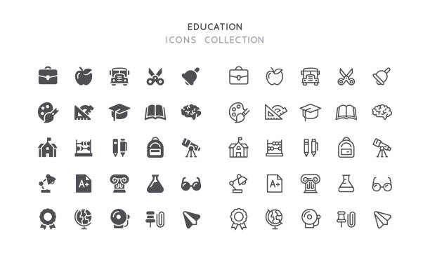 Flat & Outline Education Icons Set of education vector icons. Flat design & outline editable stroke. satchel stock illustrations