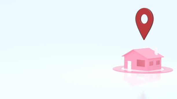 istock 3D house with navigator pin locator. Navigation, location route, sale concept. GPS pointer. Abstract navigation element concept. Copy space. 3D render 1261718543